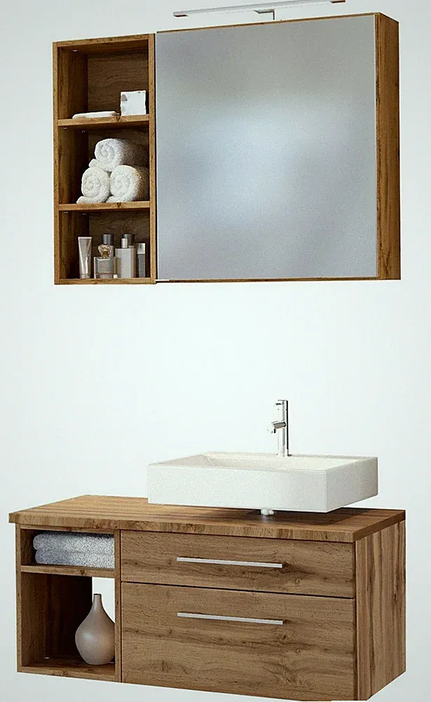 Basera® Badmöbel Set Avola 90 cm breit Wotaneiche inkl. LED-Spiegelschrank Hä...