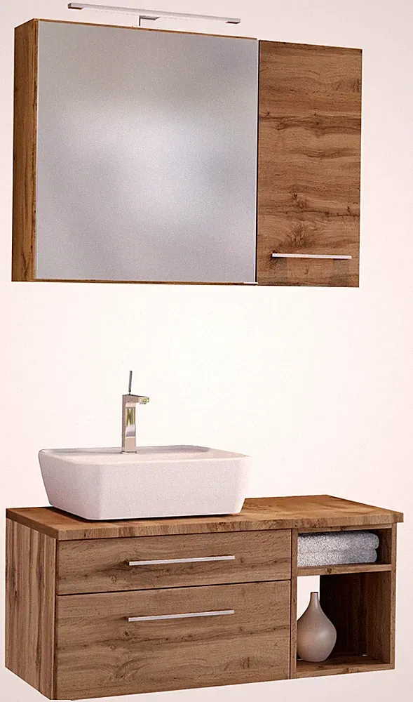 Basera® Badmöbel Set Avola 90 cm breit Wotaneiche inkl. LED-Spiegelschrank Hä...