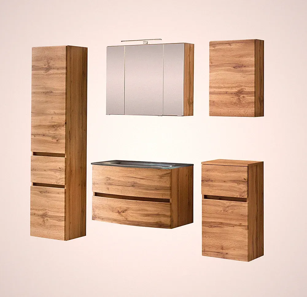 Basera® Badmöbel Set Jolanda Wotaneiche inkl. LED-Spiegelschrank Hängeschrank...