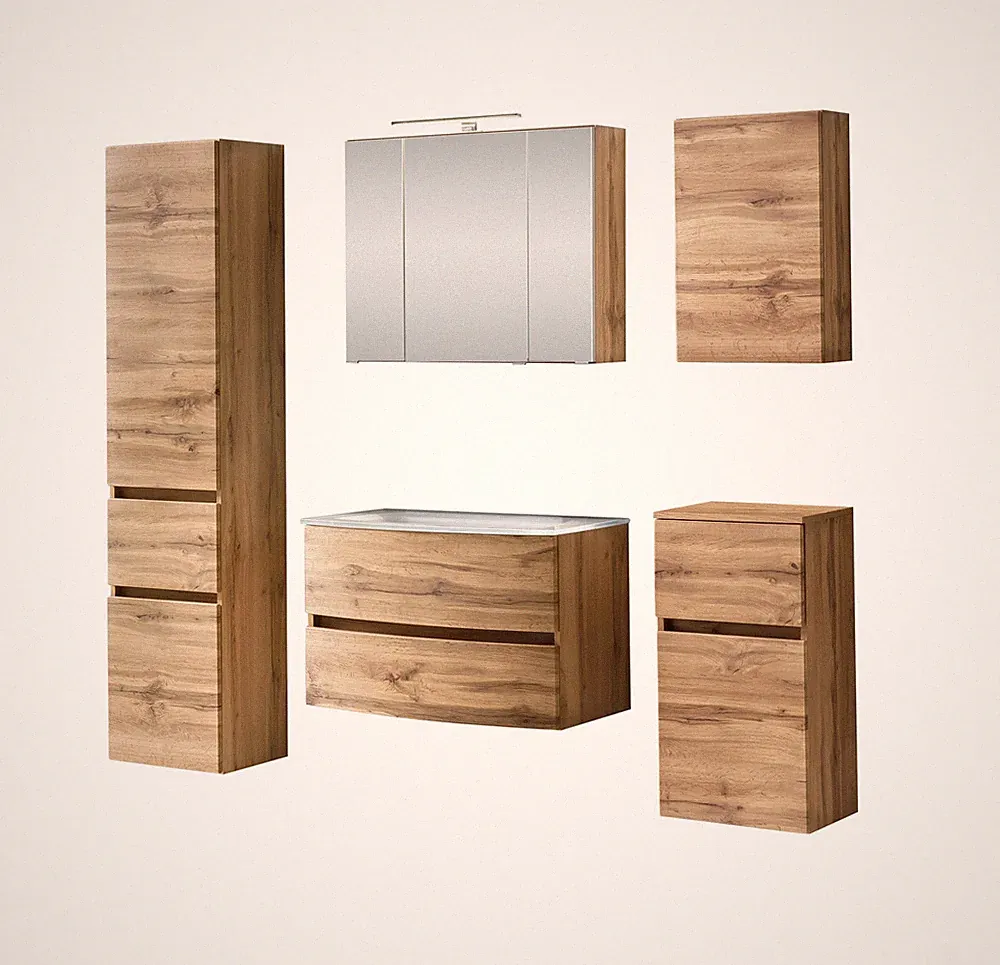 Basera® Badmöbel Set Jolanda Wotaneiche inkl. LED-Spiegelschrank Hängeschrank...