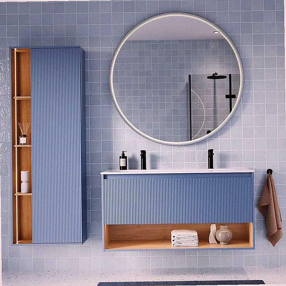 Bernstein Badmöbel Set BELDIVO 120 cm Mit Waschbecken LED-Spiegel & Hochschrank