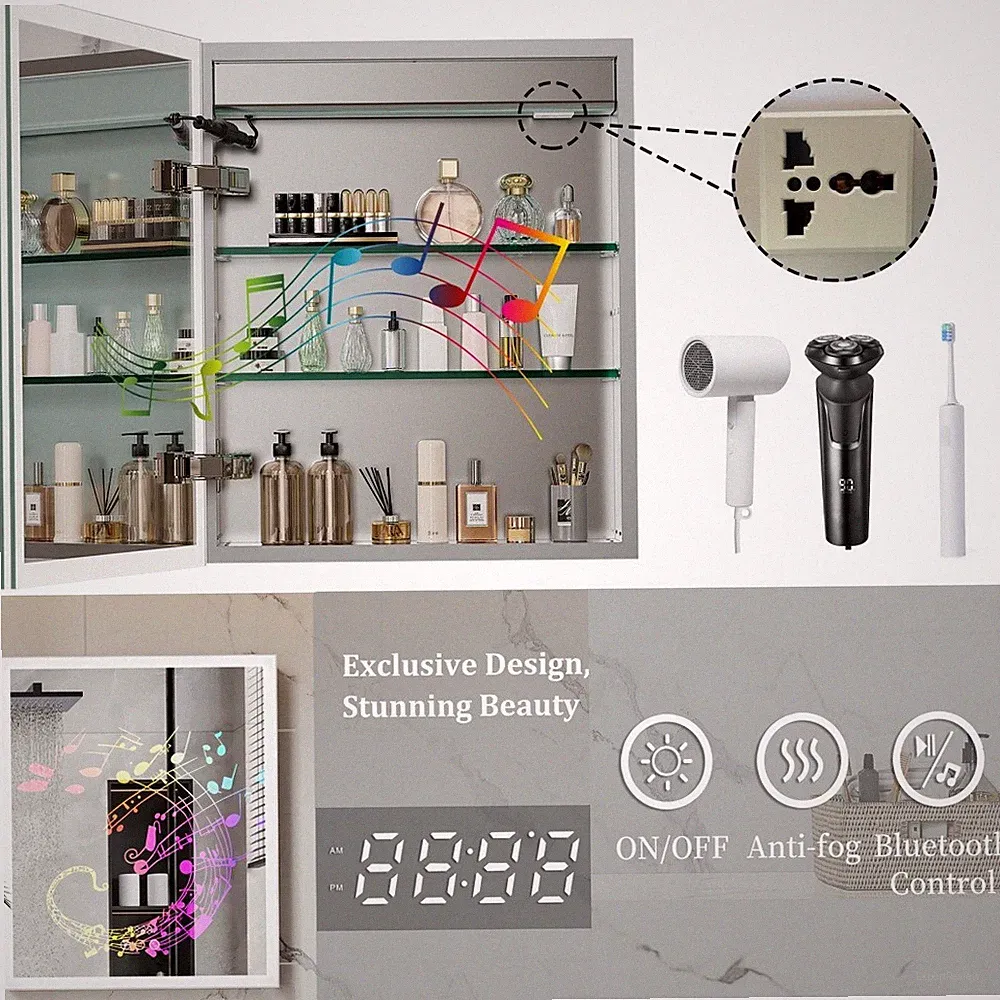 Bluetooth Spiegelschrank Badschrank Badspiegel Wandspiegel LED mit Steckdose DE