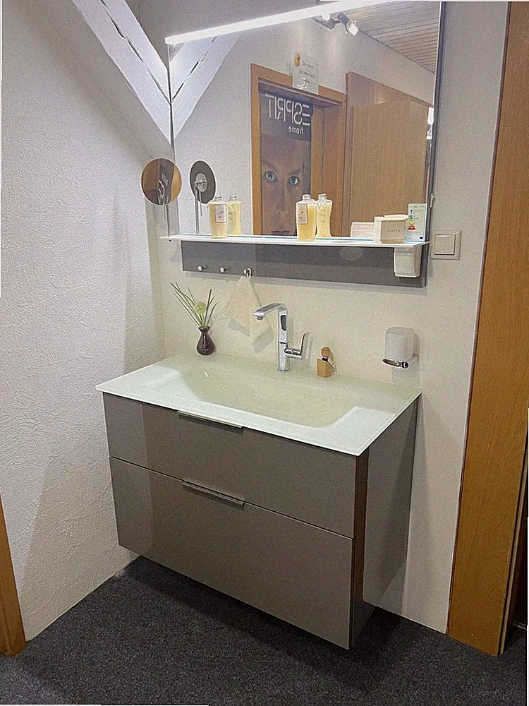 Burgbad EQIO Badmöbel 93cm Grau hochglanz Glaswaschtisch + Spiegelschrank