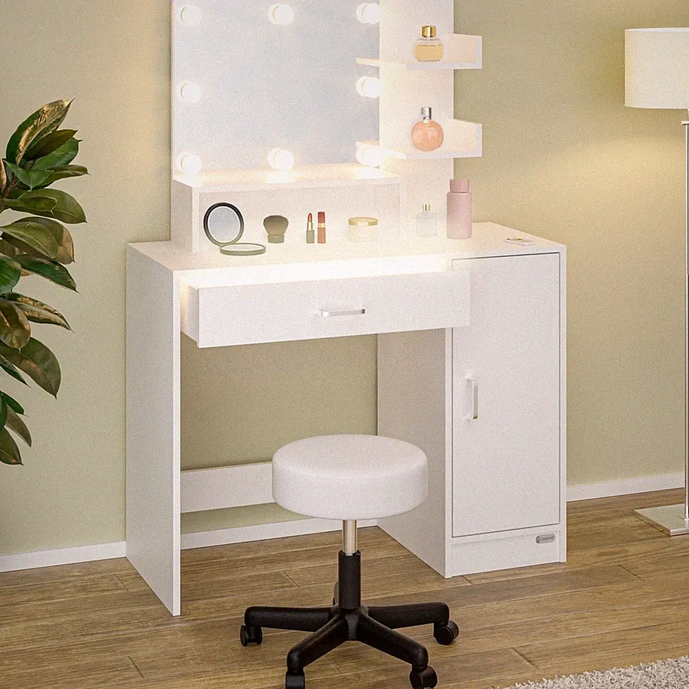 CASARIA® Schminktisch Jocelyn Weiß mit Hocker Kosmetiktisch Schublade Licht