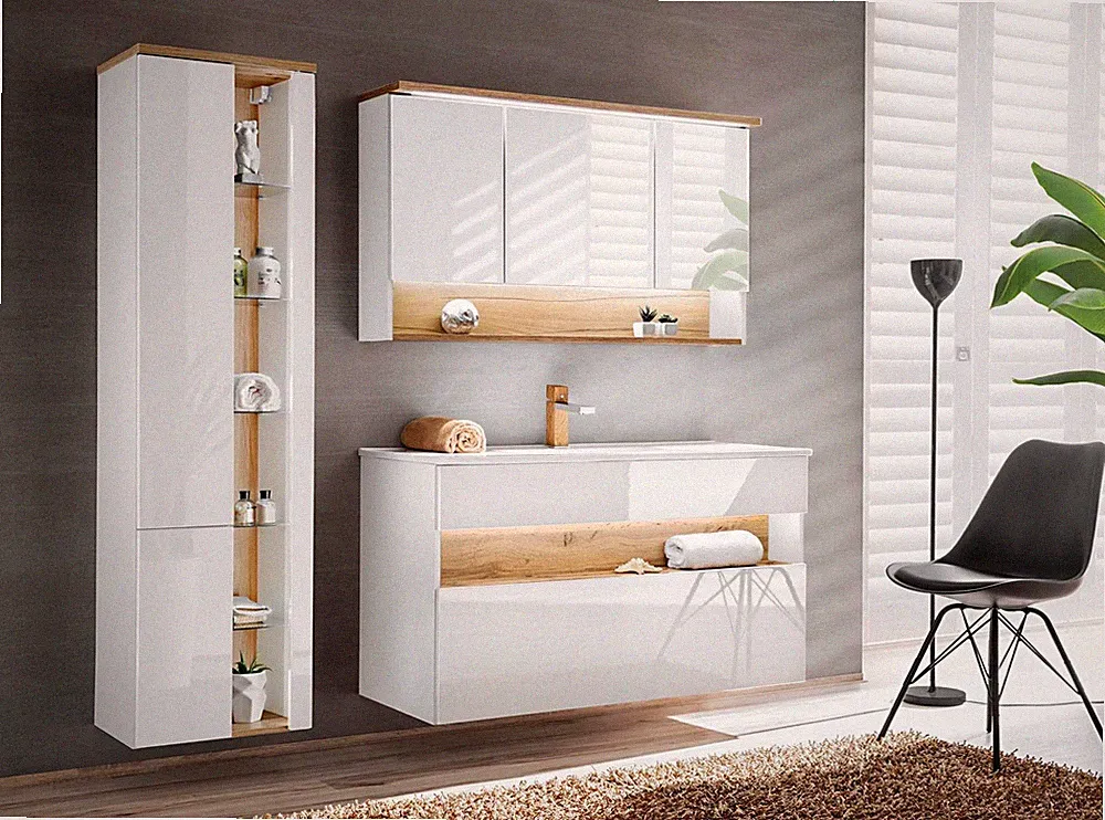 Design Badezimmer Möbel Bad 3 tlg. Set Garnitur Schrank Waschbecken Beleuchtung