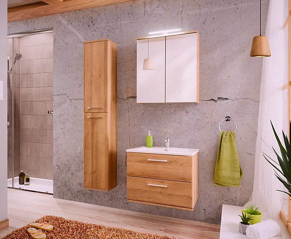 Design Badezimmer Möbel Bad 3 tlg. Set Garnitur Schrank Waschbecken Beleuchtung