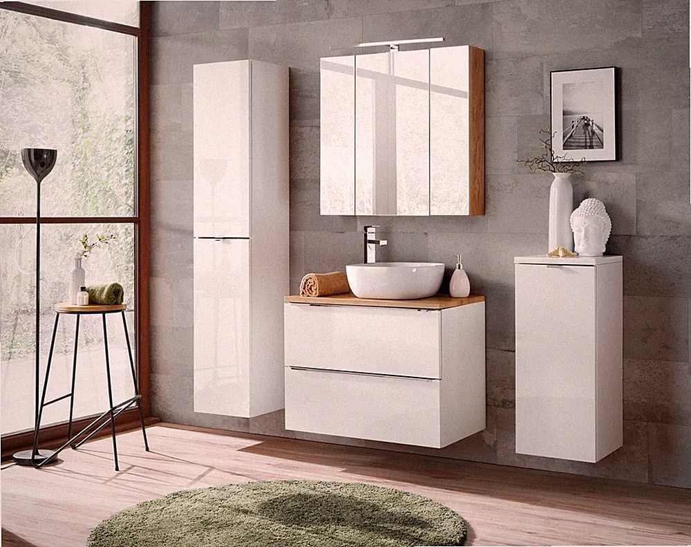 Design Badezimmer Möbel Bad 4 tlg. Set Garnitur Schrank Waschbecken Beleuchtung