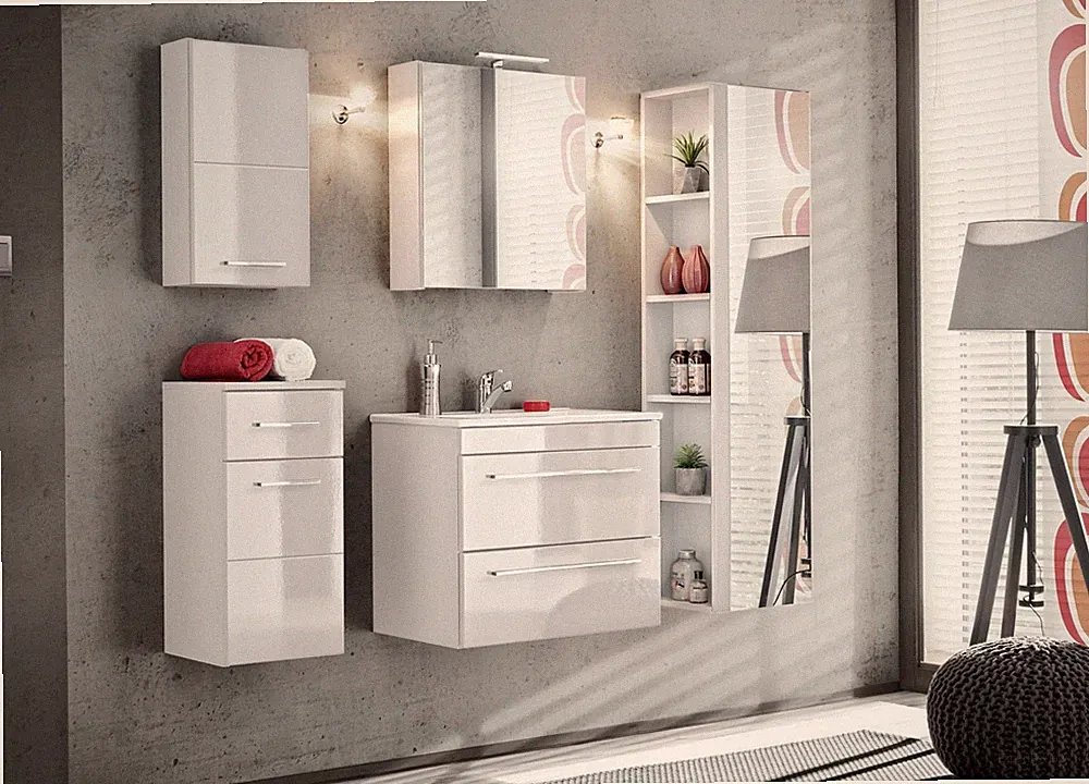 Design Badezimmer Möbel Bad 5 tlg. Set Garnitur Schrank Waschbecken Beleuchtung