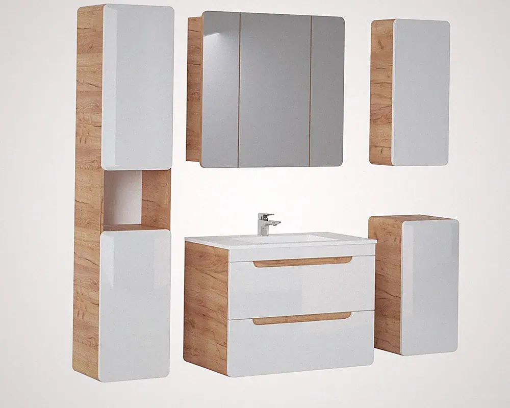 Design Badezimmer Möbel Bad 5tlg. Set Garnitur Schrank Beleuchtung Waschbecken
