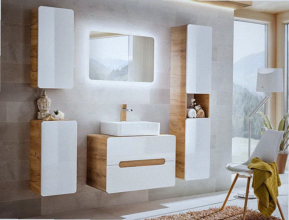 Design Badezimmer Möbel Bad 5tlg. Set Garnitur Schrank Waschbecken Beleuchtung