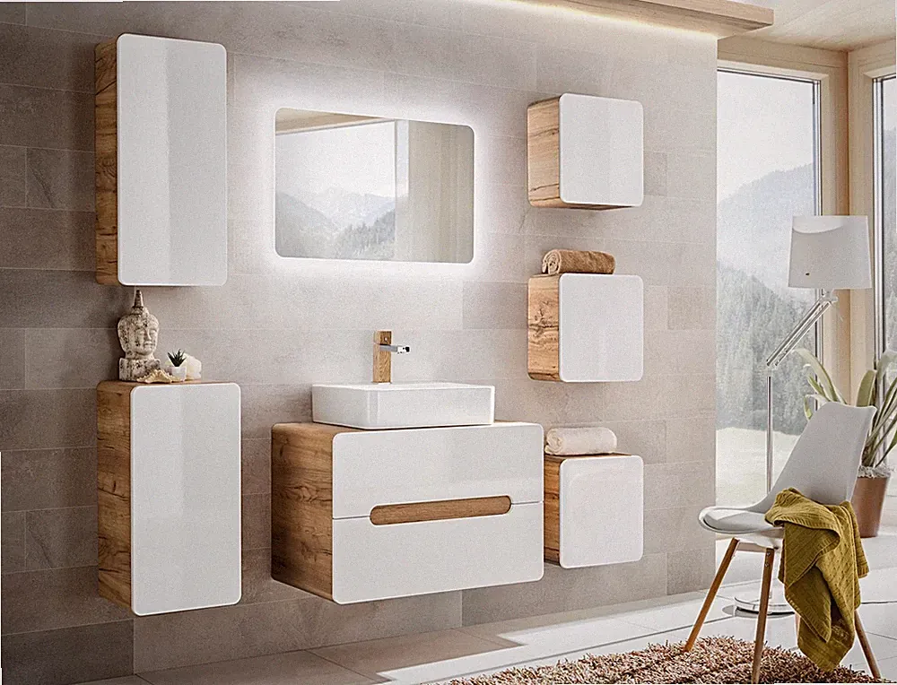 Design Badezimmer Möbel Bad 7 tlg. Set Garnitur Schrank Waschbecken Beleuchtung