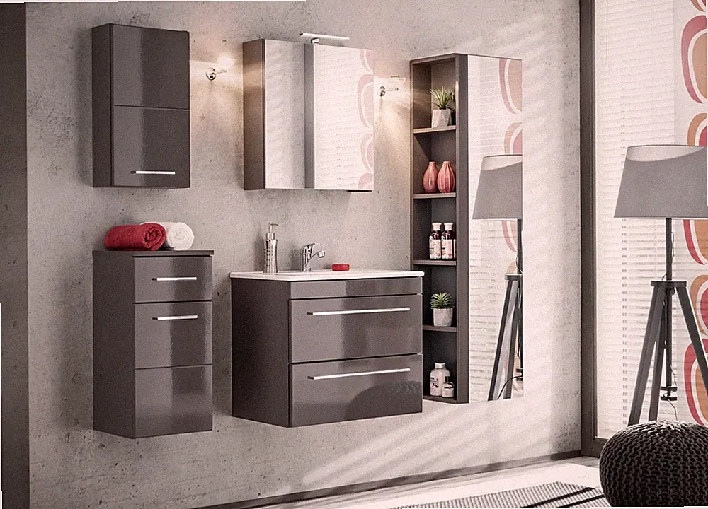 Design Badezimmer Möbel Bad Set Garnitur Schrank Waschbecken Beleuchtung 5 tlg.