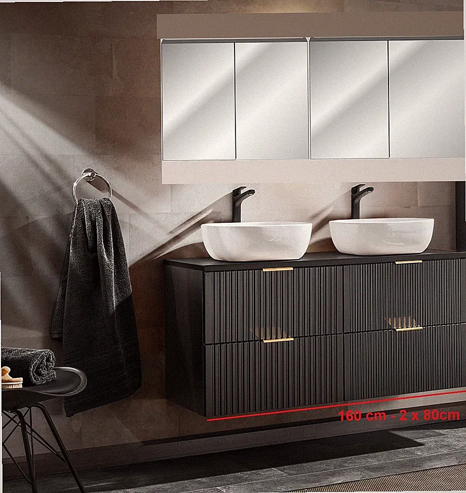 Design Badmöbel Set ADEL SCHWARZ 160 cm MDF SOFT-CLOSE montiert