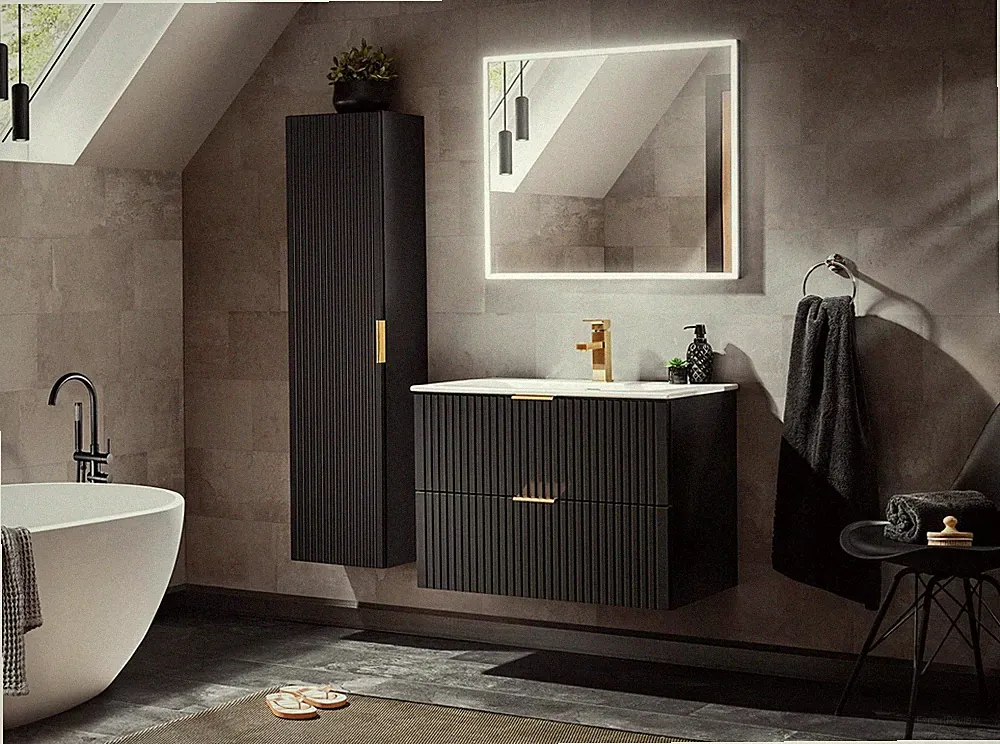 Design Badmöbel Set ADEL SCHWARZ 80 cm MDF SOFT-CLOSE MONTIERT