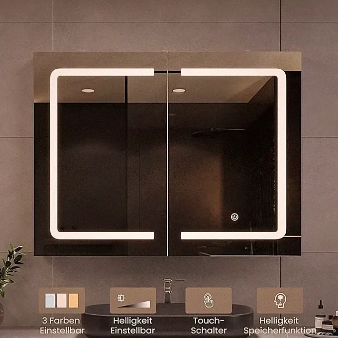 DICTAC Spiegelschrank 80x60 cm LED Weiß Badschrank mit Steckdose Hängeschrank