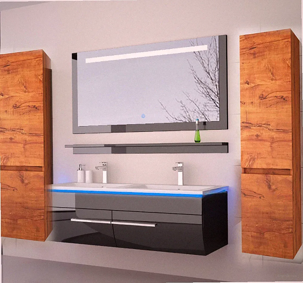 Doppelwaschtisch Waschbecken 120 Eiche / Schwarz / Weiss Hochglanz Badmöbel Set