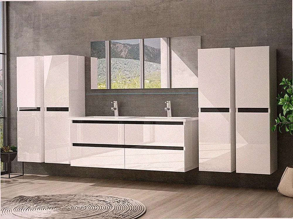 Doppelwaschtisch Weiß Hochglanz Doppel Waschbecken Badezimmer Badmöbel Set Denni