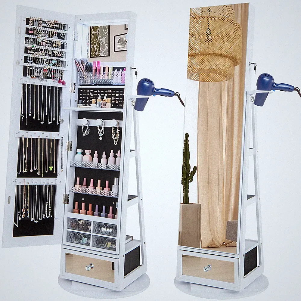 Drehbar Schmuckschrank Schmuckorganizer Spiegelschrank mit LED-Beleuchtung