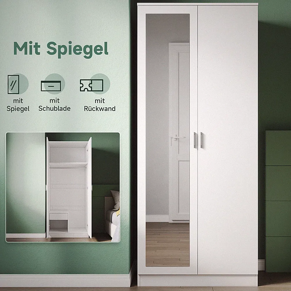 Drehtürenschrank Kleiderschrank mit Spiegel Schublade Weiß hochglanz 76x47x180cm