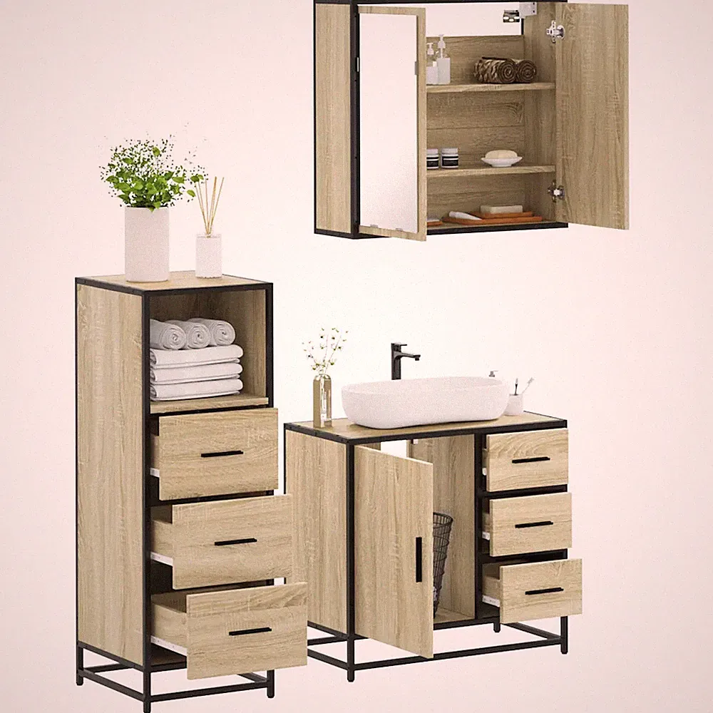 dreiteiliges Badmöbel Set Sonoma Eiche Holzwerkstoff Badezimmer Möbel