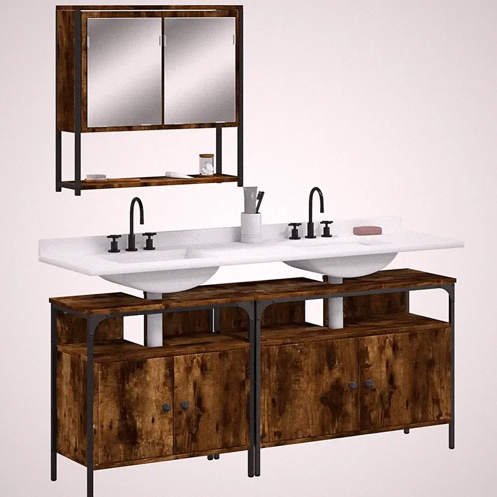 dreiteiliges Badmöbelset Räuchereiche Holzwerkstoff Badezimmer