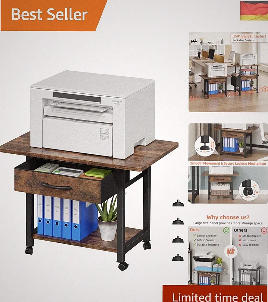 Druckertisch mit Rollen, 56x38cm Mobiler Druckerständer Schreibtisch mit Stof...