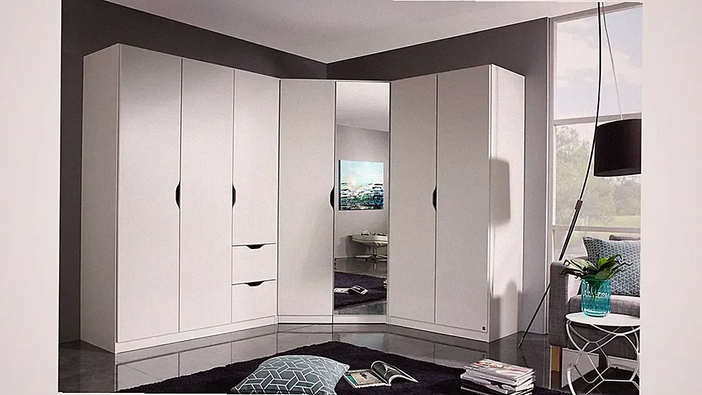 Eckschrank Freiham Kleiderschrank Drehtürenschrank 3-teilig weiß Spiegel 253x208