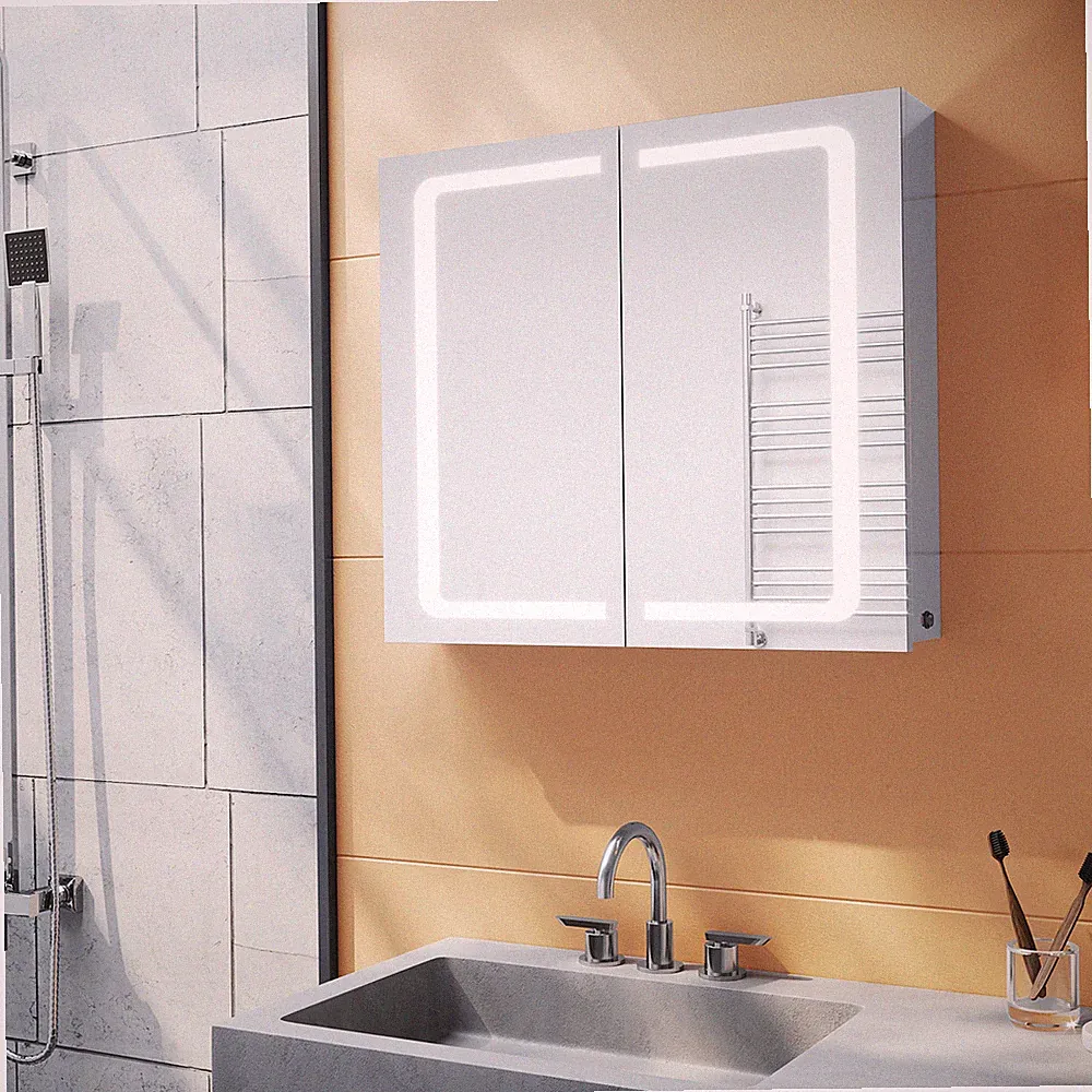 Edelstahl Spiegelschrank 70x65cm mit LED Steckdose Spiegel Wandschrank Spiegel