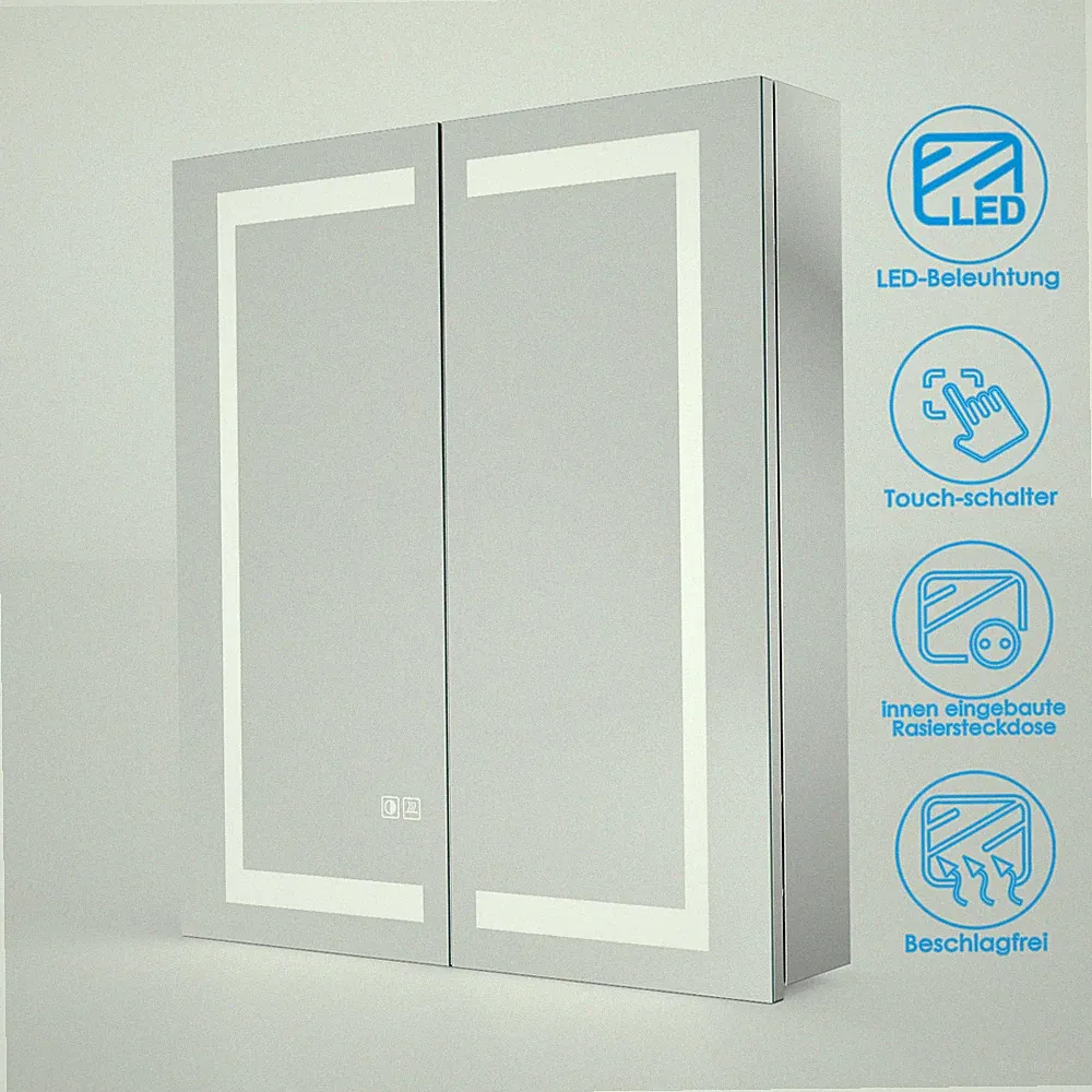 Edelstahl Spiegelschrank Bad 60 cm mit LED Beleuchtung Steckdose Beschlagfrei
