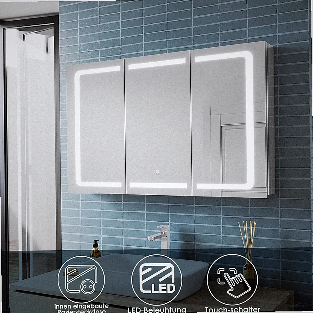 Edelstahl Spiegelschrank Badezimmerschrank mit LED Beleuchtung Steckdose 105cm