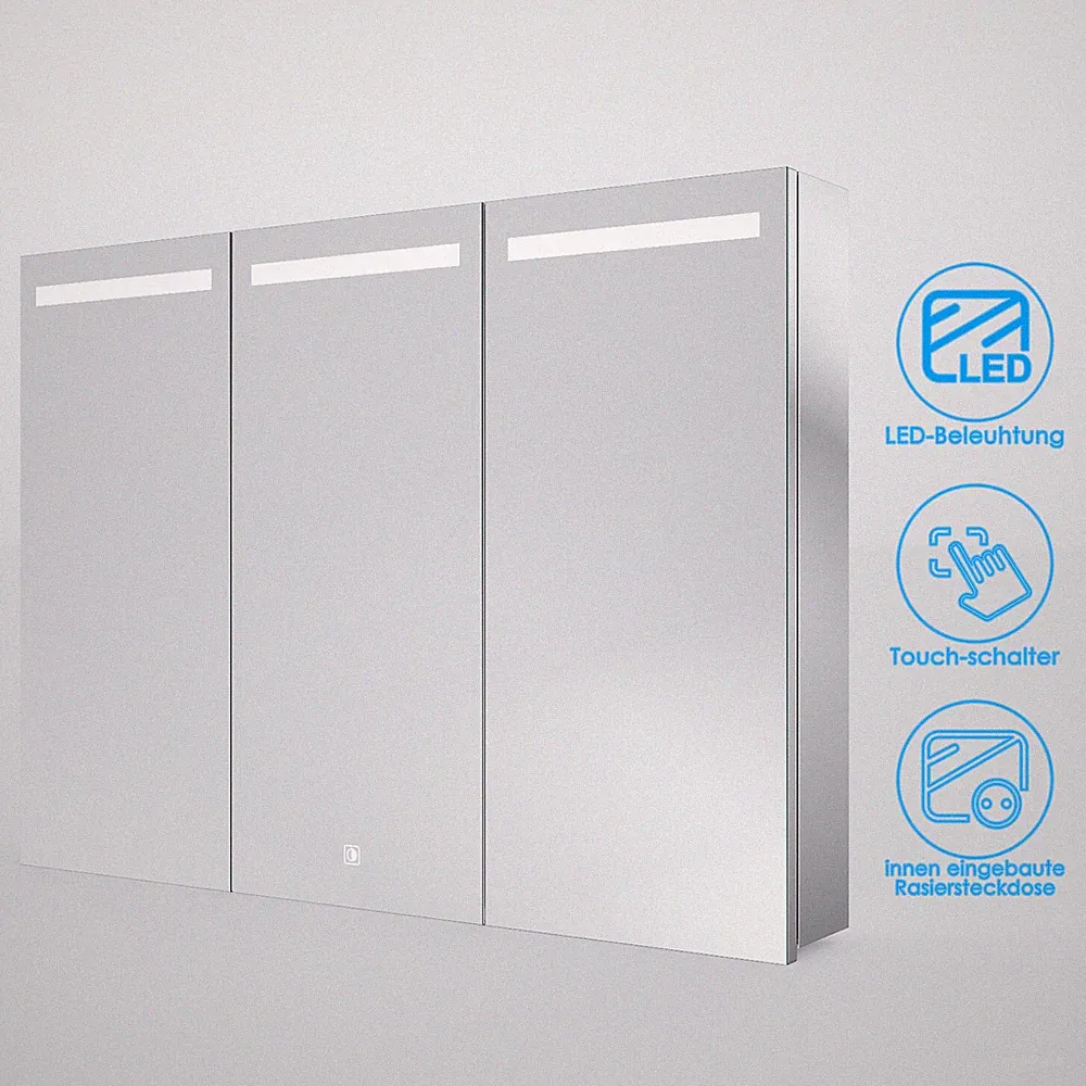 Edelstahl Spiegelschrank Badspiegel mit LED Beleuchtung Touch Steckdose 90x65cm