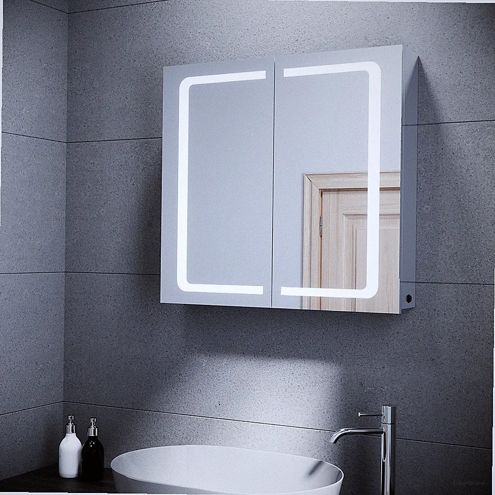 Edelstahl Spiegelschrank LED Badezimmerspiegel mit Beleuchtung Badschrank 70x65