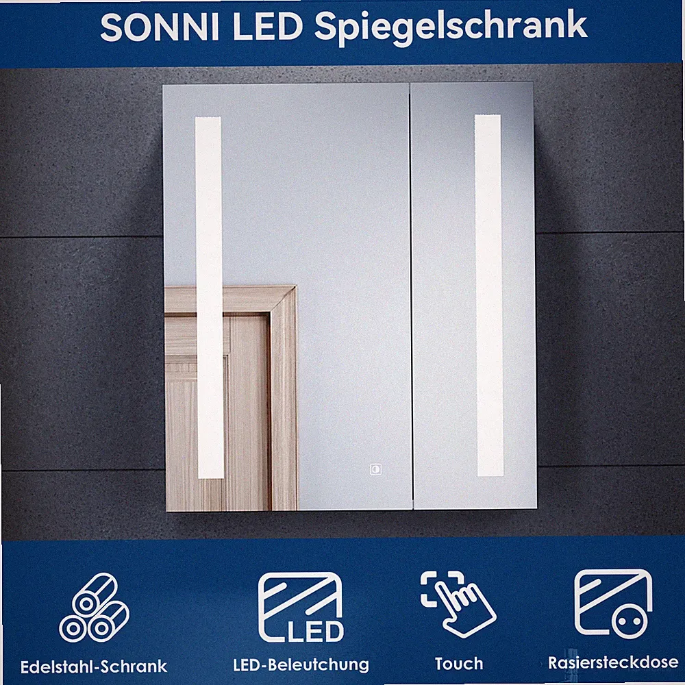 Edelstahl Spiegelschrank mit LED Beleuchtung Badspiegel Bad Steckdose Touch 60cm