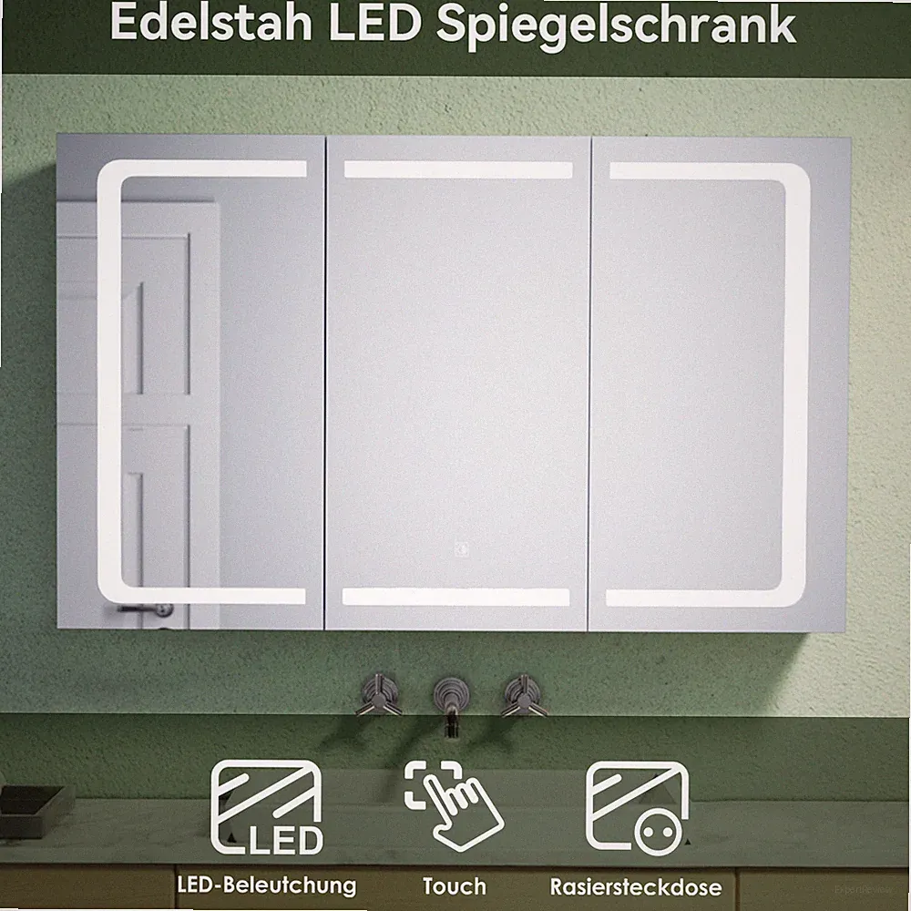 Edelstahl Spiegelschrank mit LED Beleuchtung Steckdose Badspiegel Bad Touch 105