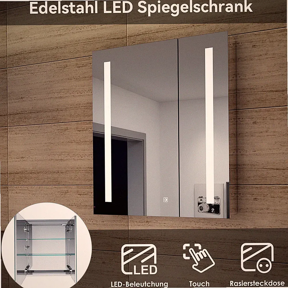 Edelstahl Spiegelschrank mit LED Steckdose Touch Badschrank Bad Hängeschrank 60