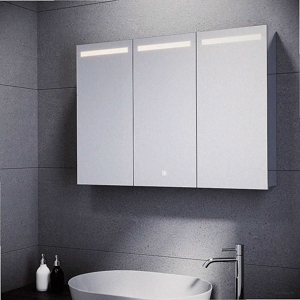 Edelstahl Spiegelschrank Wandschrank mit LED 3 Lichtfarbe Steckdose Touch 90x65