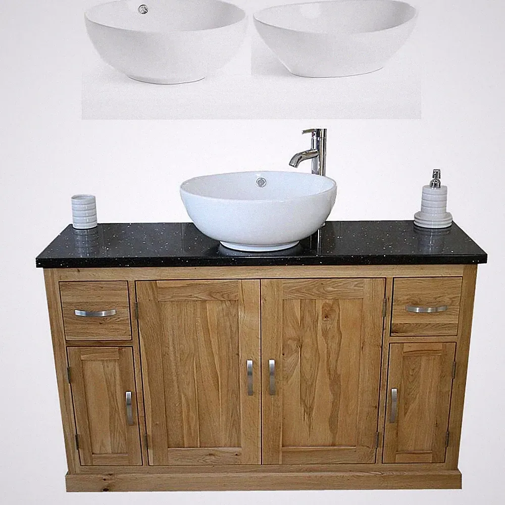 Eiche Bad Waschtischunterschrank 123 cm breit mit schwarzer Quarzplatte & Keramikbecken Set