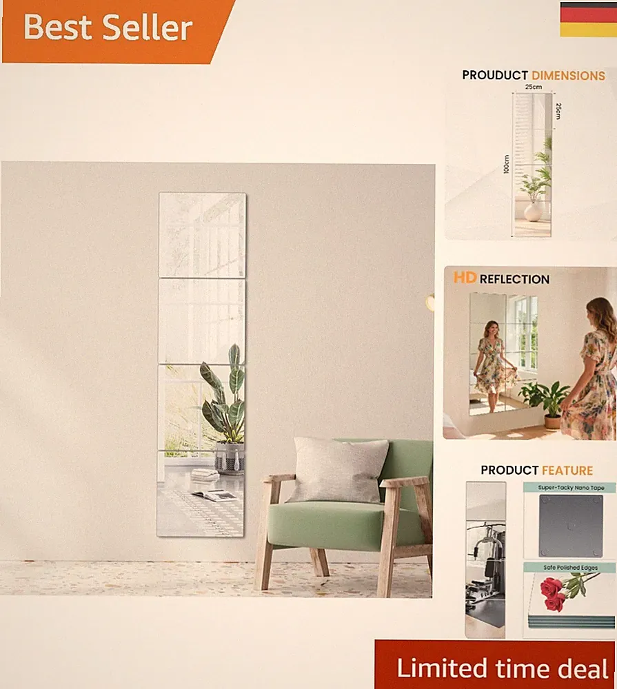 Elegante Spiegelfliesen 4er Set 25x25 cm – Polierte Kanten, einfach anzubringen
