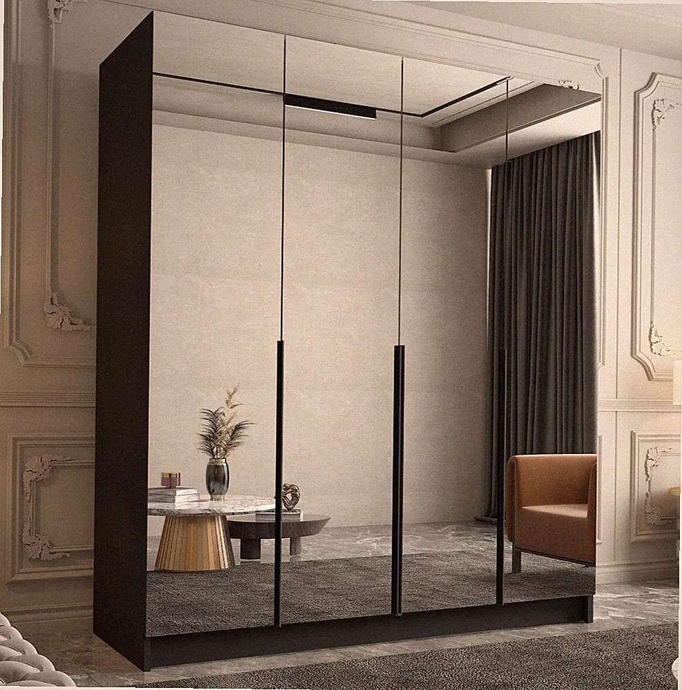 Eleganter Kleiderschrank Neresko 3, Schwarz, 4-türig, Mit Spiegel Elegante M24