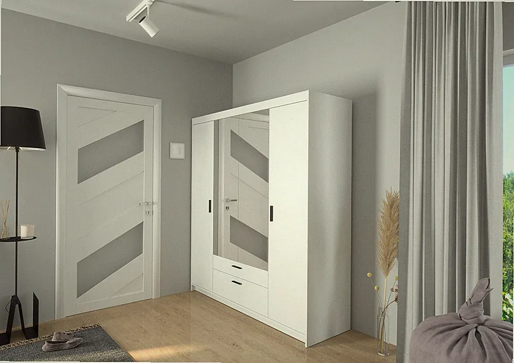 Elena 4türig Kleiderschrank Drehtürenschrank Wäscheschrank Schrank Weiss Spiegel