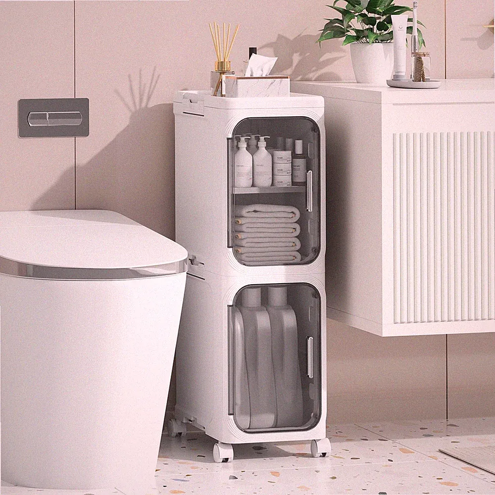 Enjinkail schmaler Badezimmerschrank, freistehendes Kunststoff-WC 2-stufig, weiß