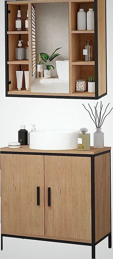 EUGAD Badmöbel Set Badezimmerschrank mit Spiegelschrank Bad Unterschrank Holz