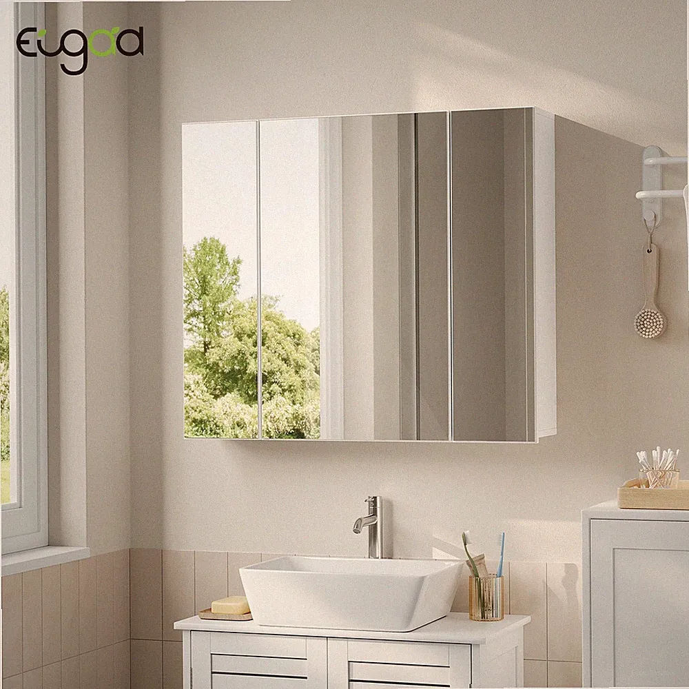 EUGAD Spiegelschrank mit 3 Türen Hängeschrank mit Haken Weiß 70 x 61 x 14,5 cm
