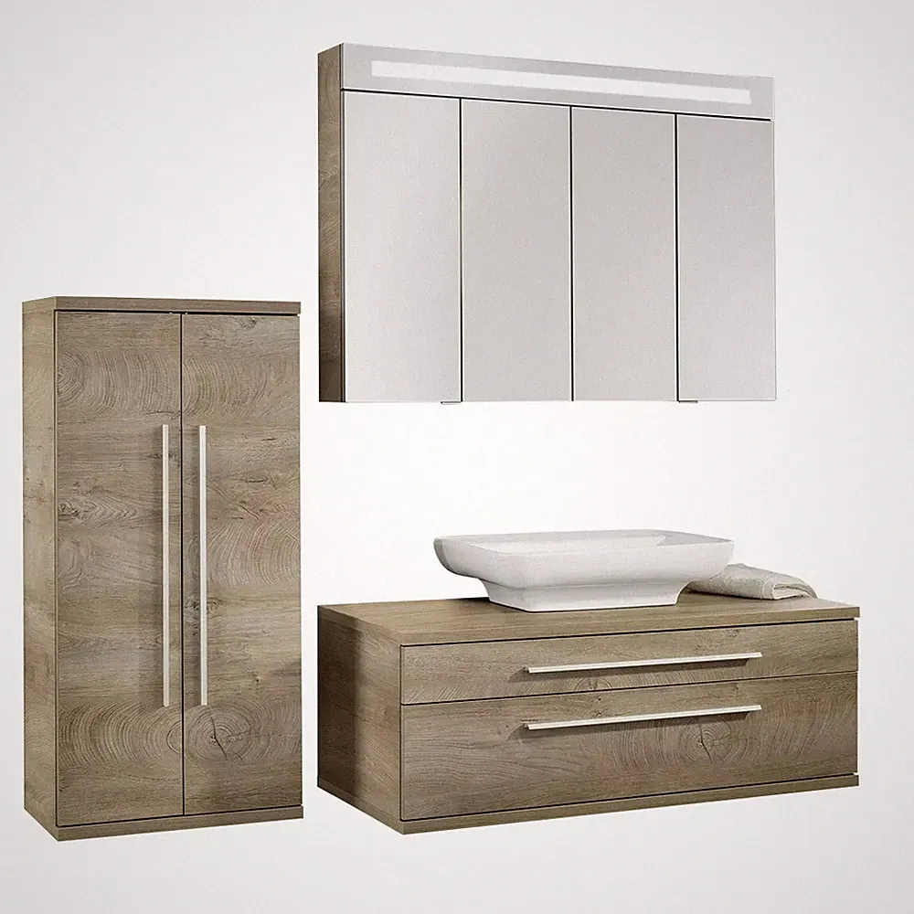 Fackelmann STANFORD Badmöbel Set 4-teilig, 110 cm breit, Braun Midischrank links