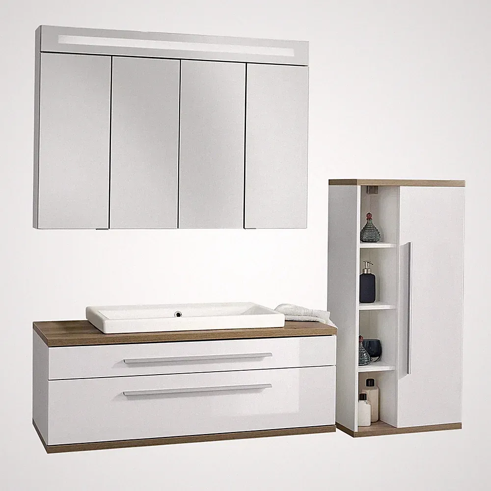 Fackelmann STANFORD Badmöbel Set 4-teilig, 110 cm breit, Weiß Midischrank rechts
