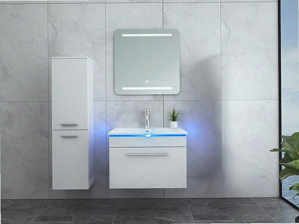 Faizee Home | Badmöbel Set Weiß Hochglanz mit LED-Spiegel, Soft-Close & Keramik