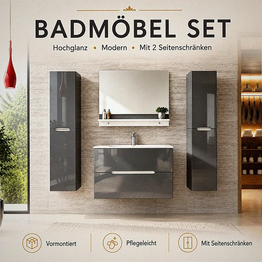 Faizee Home Badmöbelset Aliyah 90 cm Hochglanz Grau Weiß inkl. Waschbecken...