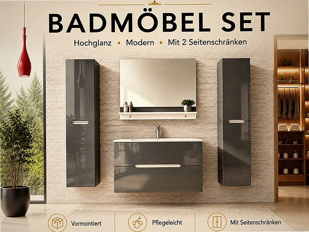 Faizee Home Badmöbelset Aliyah 90 cm Hochglanz Grau Weiß inkl. Waschbecken...