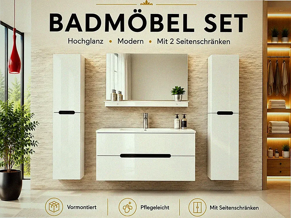 Faizee Home Badmöbelset Aliyah 90 cm Schwarz Weiß inkl. Waschbecken, Spiegel & R