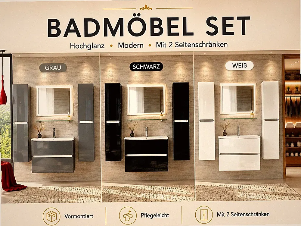 Faizee Home | Lumen Badmöbelset 90 cm Hochglanz inkl. Waschbecken, LED-Spiegel u